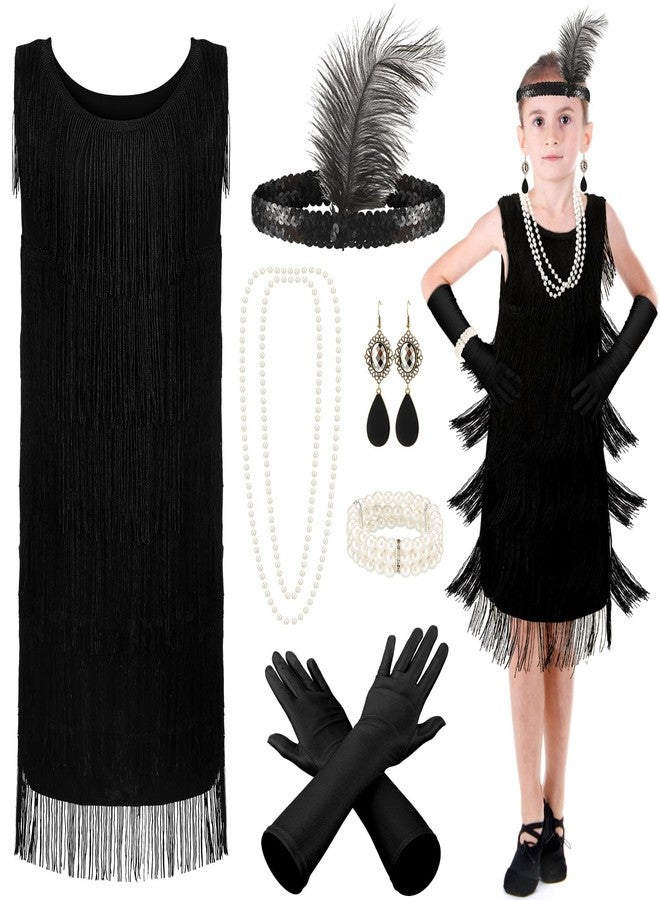 Xaatren 6 Pcs Girls 1920s Flapper Dresses Costume Set Roaring 20s Gifts Accessories Kids Birthday Party(Medium) - Image 1